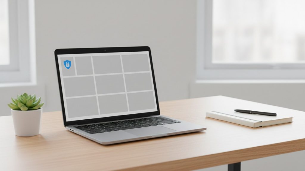 Notebook na světlém stole se zobrazeným přehledem zabezpečení a ikonou štítu