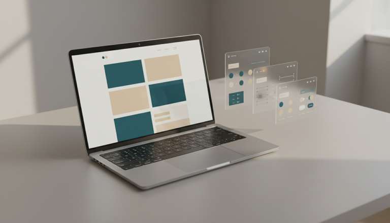 Notebook s modulárním rozvržením webu a plovoucími panely s barvami a typografií