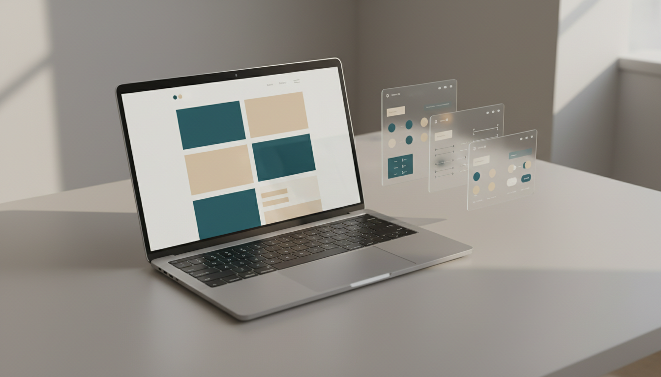 Notebook s modulárním rozvržením webu a plovoucími panely s barvami a typografií