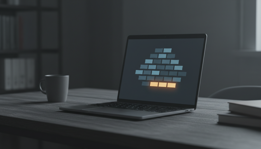 Notebook v šeru se schématem souborů, kde jeden řádek leží mimo strukturu a svítí oranžově