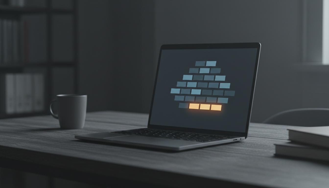 Notebook v šeru se schématem souborů, kde jeden řádek leží mimo strukturu a svítí oranžově